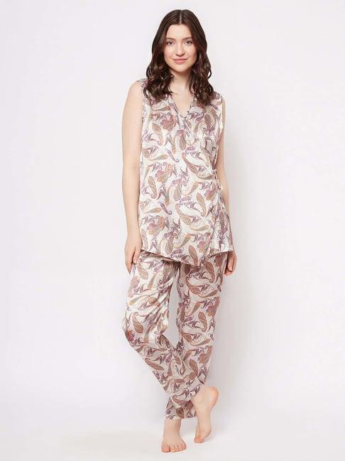 clovia beige printed top pyjamas set