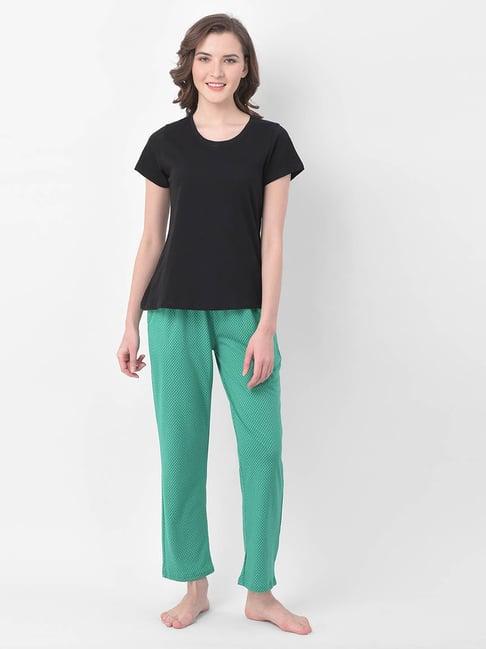 clovia black & green cotton t-shirt & pyjama set
