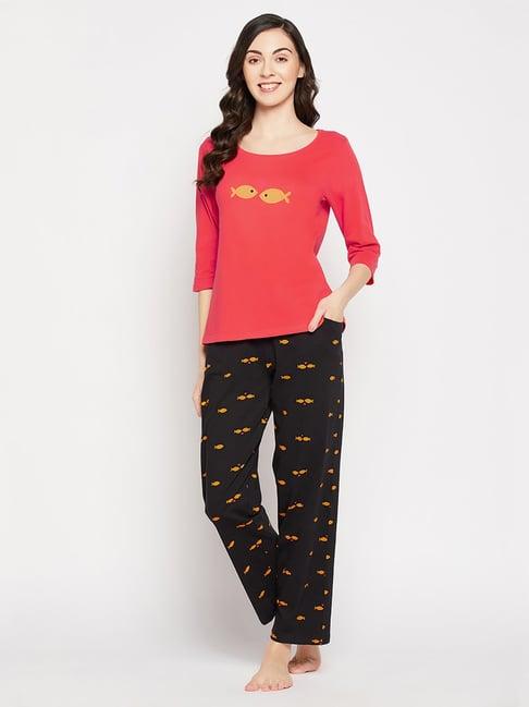 clovia black & red printed top with pyjamas