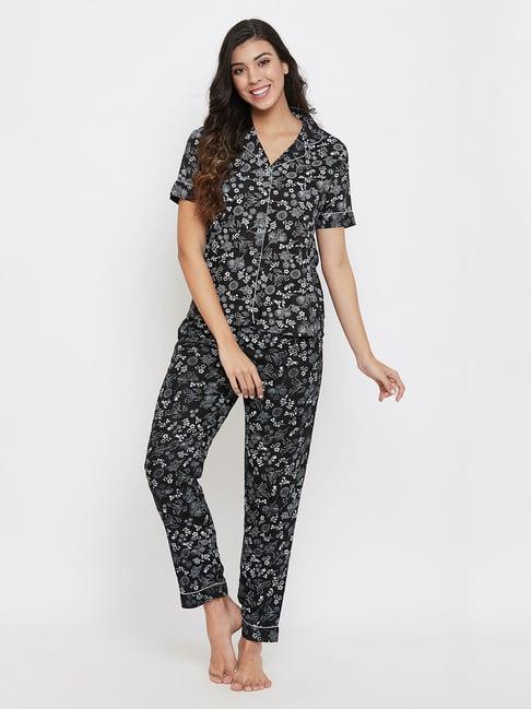 clovia black & white floral print shirt with pyjamas