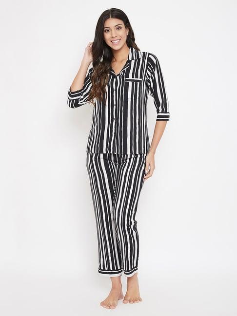 clovia black & white striped shirt with pyjamas