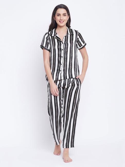 clovia black & white striped shirt with pyjamas
