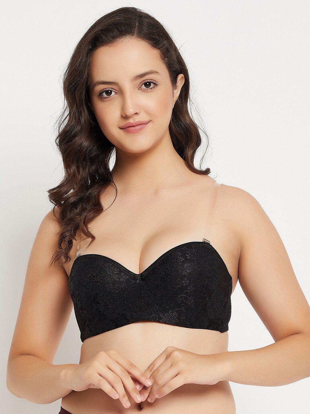 clovia black floral self design full coverage balconette bra with all day comfort