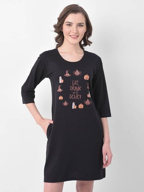 clovia black graphic print night dress