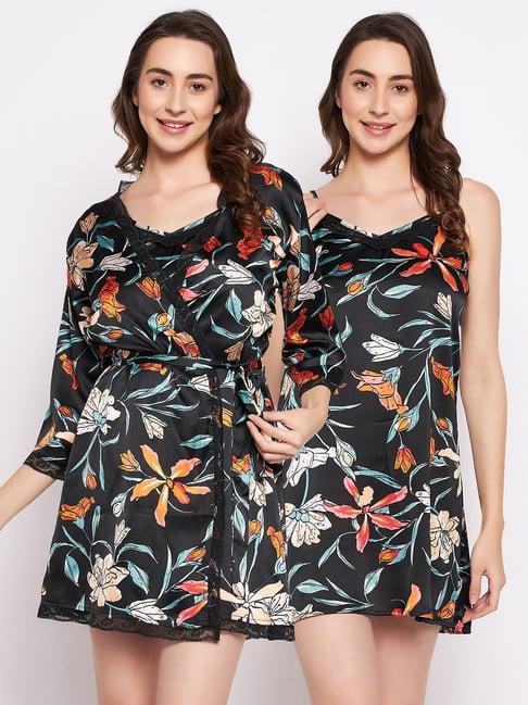 clovia black printed nighty with robe