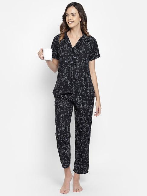 clovia black printed shirt with pyjamas