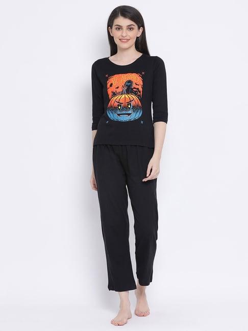 clovia black printed top with pyjama set