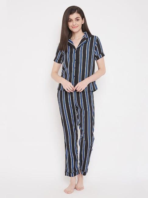 clovia black striped shirt & pyjama set