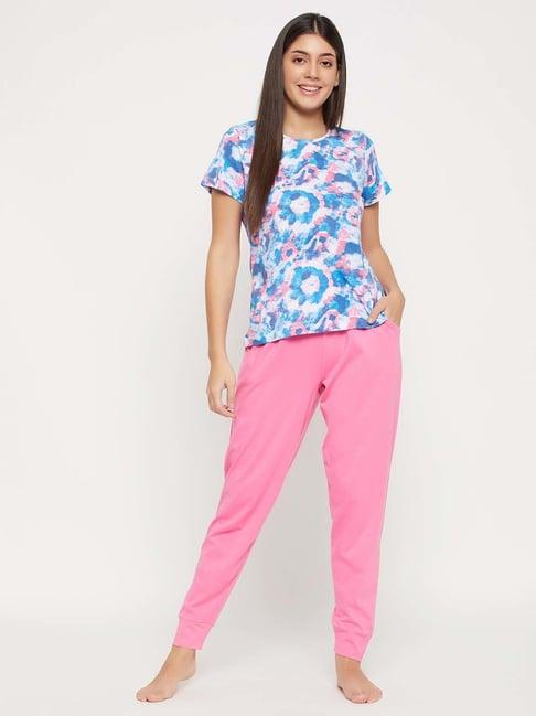 clovia blue & pink cotton printed top pyjamas set