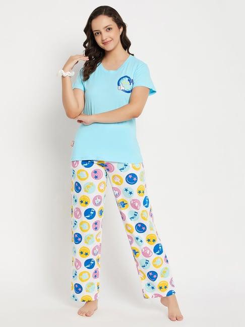 clovia blue & white cotton printed t-shirt pyjama set