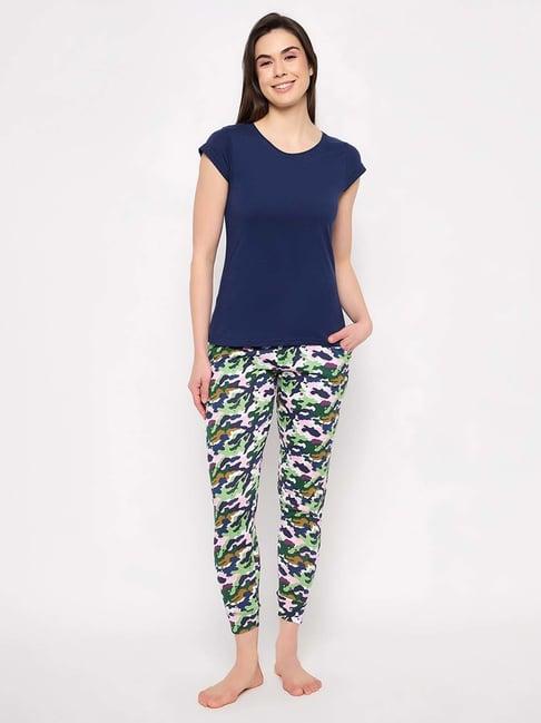 clovia blue cotton printed t-shirt pyjamas set