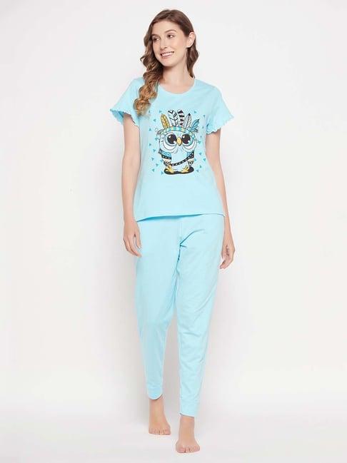clovia blue cotton printed top pyjamas set