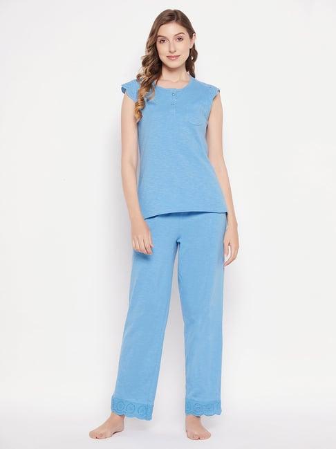 clovia blue cotton top with pyjamas