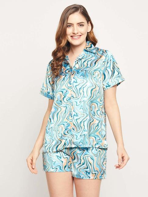 clovia blue geometric print shirt with shorts
