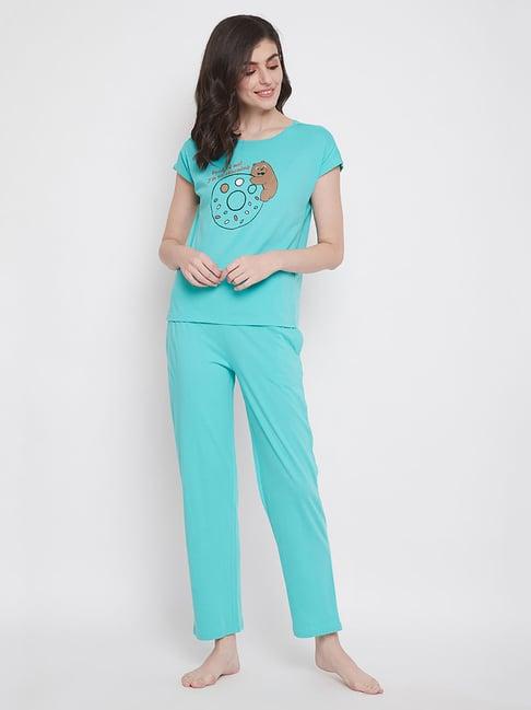 clovia blue graphic print top & pyjama set