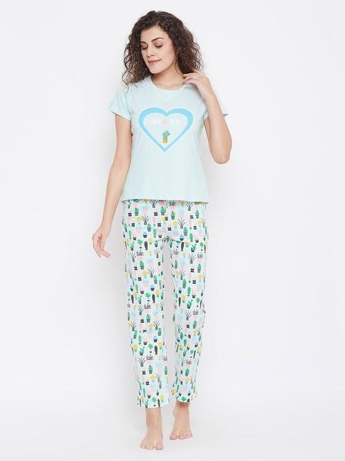 clovia blue graphic print top & pyjamas set