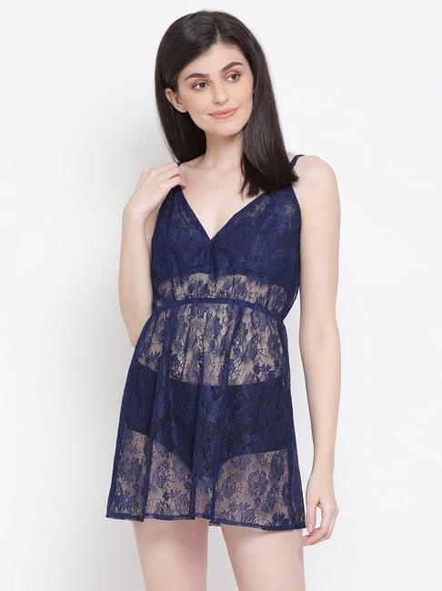 clovia blue lace babydoll with thong