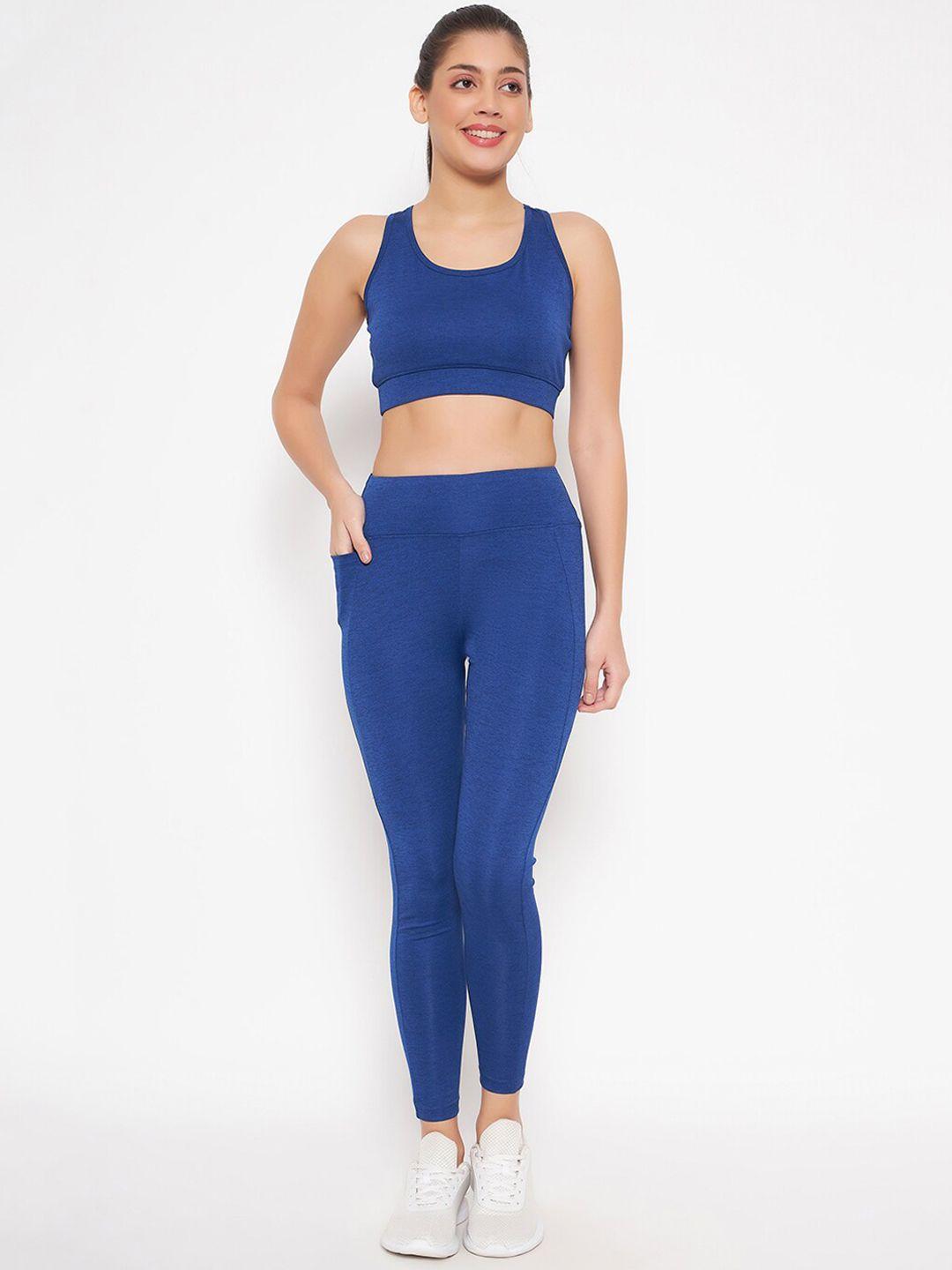 clovia blue padded sports bra & high rise active tights rapid-dry sports tracksuit