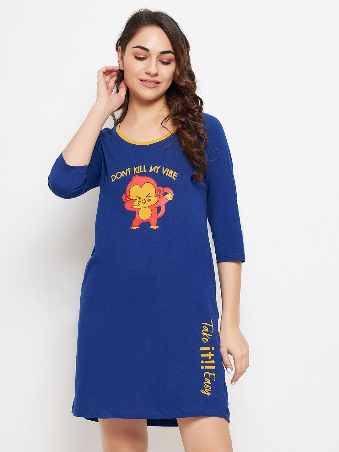 clovia blue printed cotton nightdress