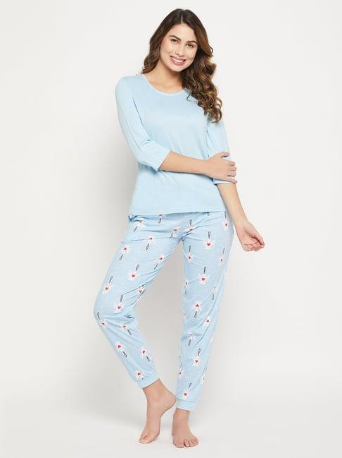 clovia blue printed cotton top with pyjamas