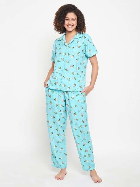 clovia blue printed shirt pyjamas set