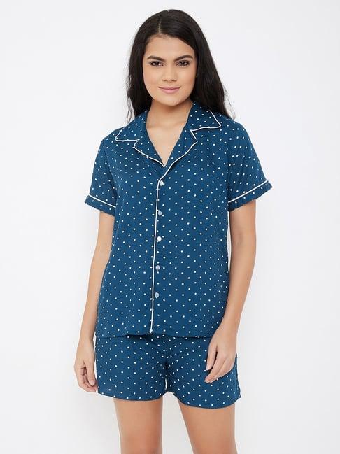 clovia blue printed shirt with shorts