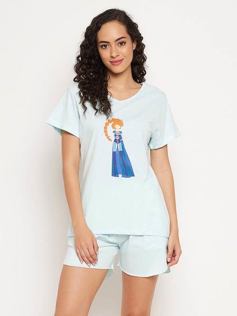 clovia blue printed t-shirt with shorts