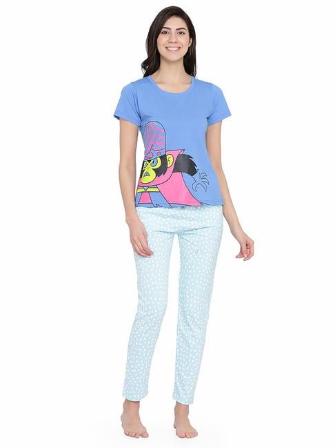 clovia blue printed top & pyjama set