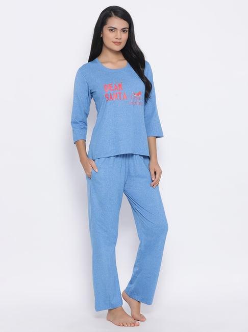 clovia blue printed top & pyjama set