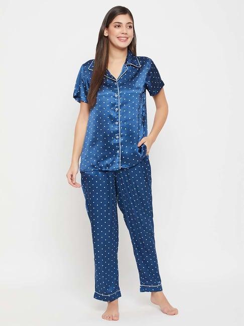 clovia blue printed top pyjamas set