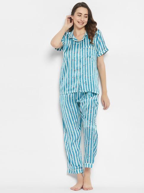 clovia blue satin striped shirt with pyjamas