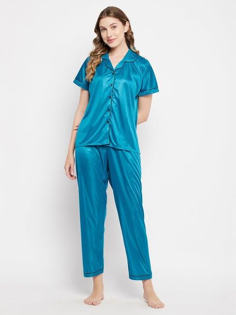clovia blue shirt & pyjama set