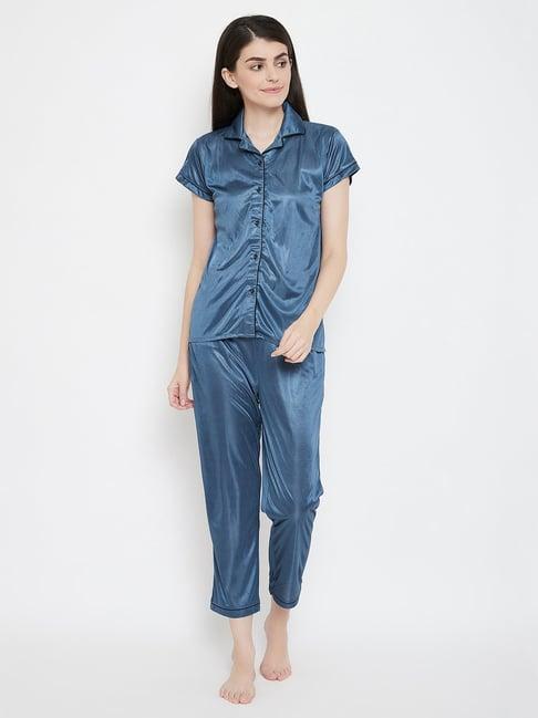 clovia blue shirt & pyjamas set