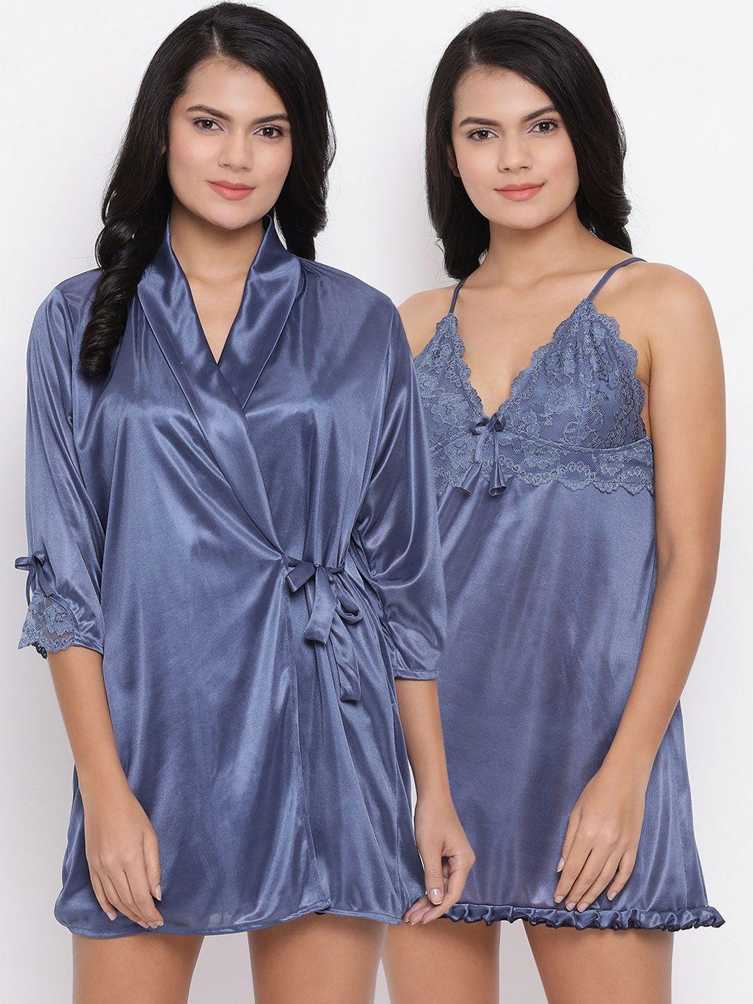 clovia blue solid satin finish baby doll with robe