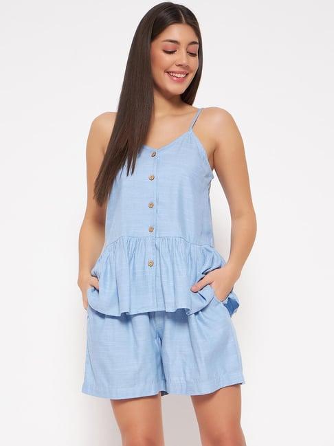 clovia blue v neck top shorts set