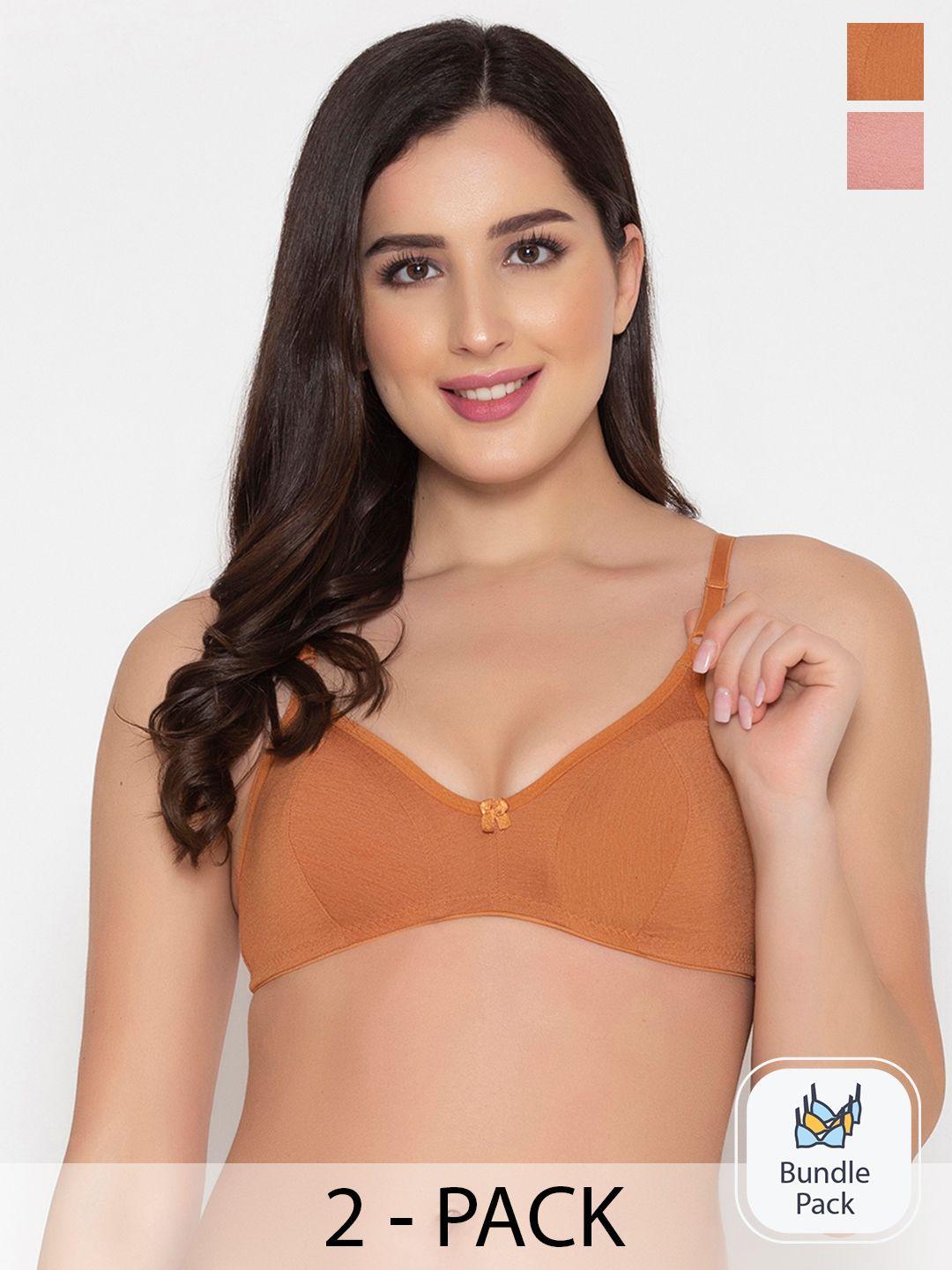 clovia brown & peach coloured pack of 2 non-padded cotton bra