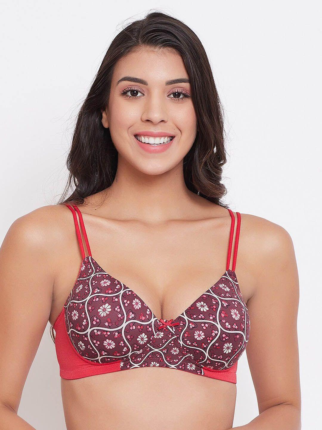 clovia brown & white printed non-wired lightly padded t-shirt bra