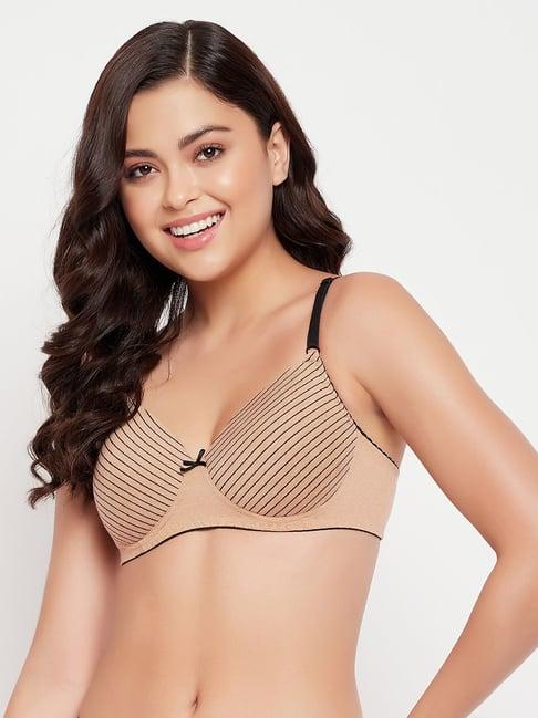 clovia brown cotton striped full coverage t-shirt bra