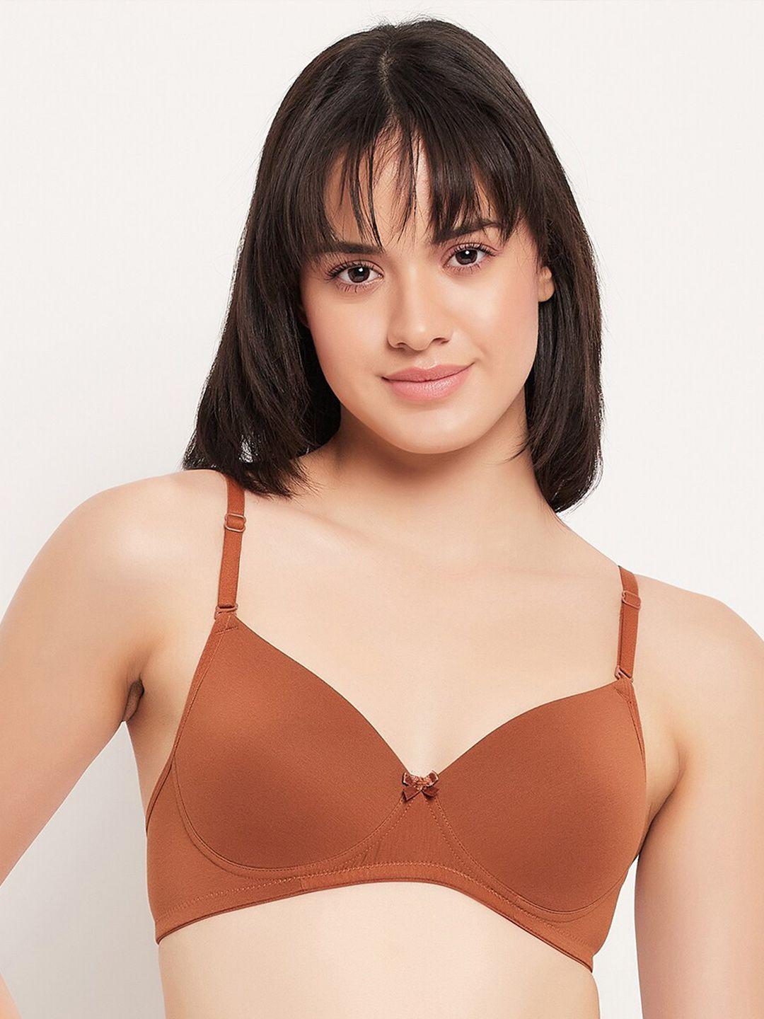 clovia brown full coverage lightly padded cotton t-shirt bra with all day comfort