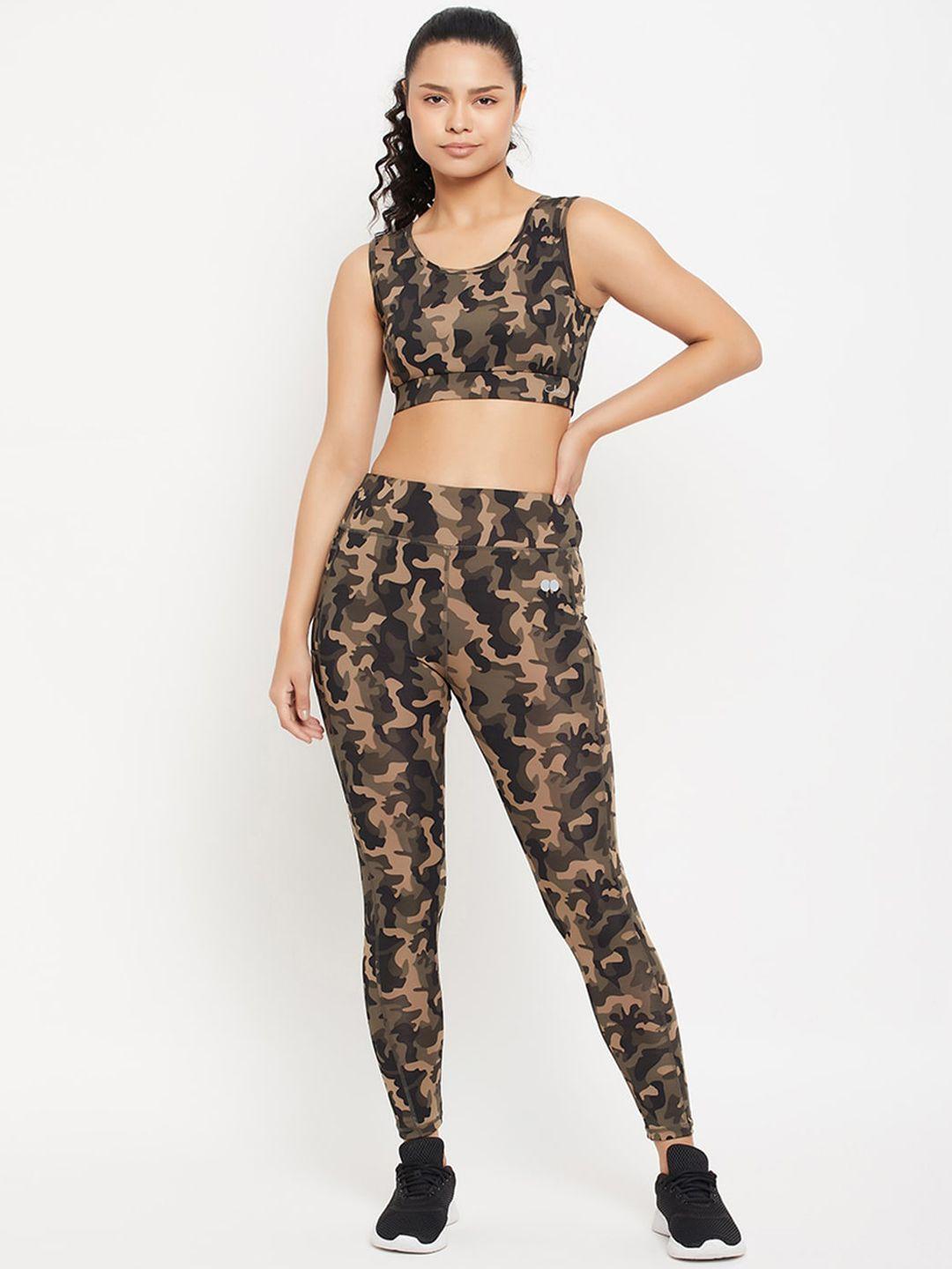 clovia camouflage printed sleeveless padded sports bra & tights tracksuit