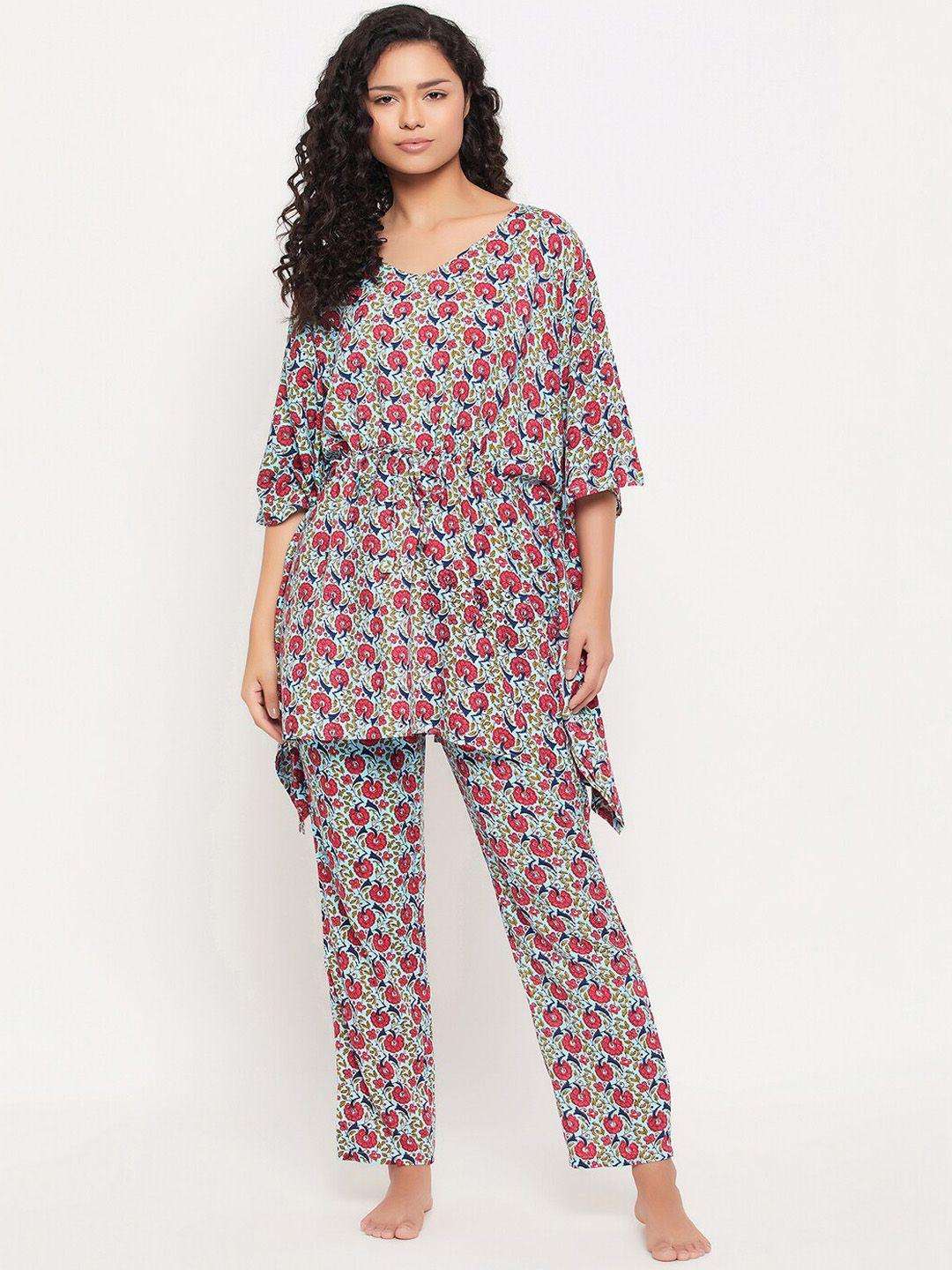 clovia floral printed kaftan top with pyjama