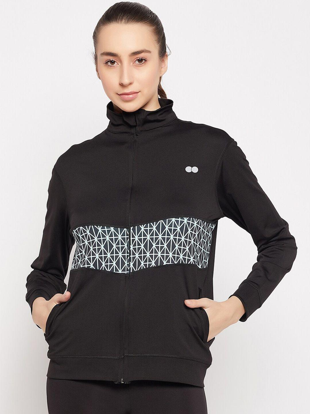 clovia geometric printed lightweight training or gym sporty jacket with patchwork