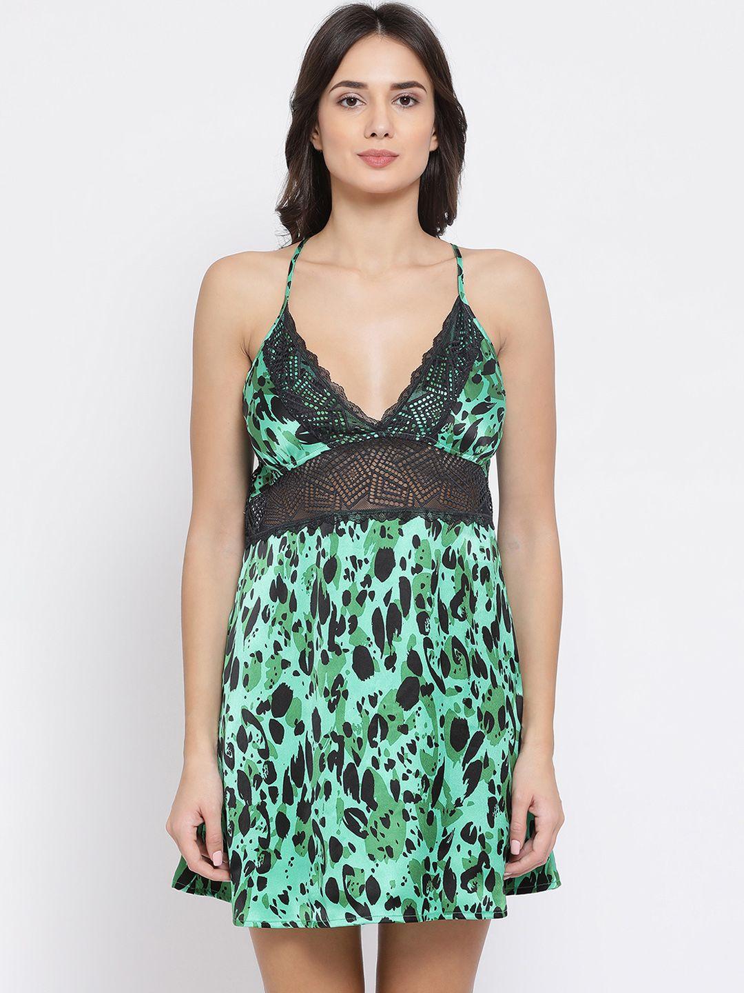 clovia green & black printed satin baby doll