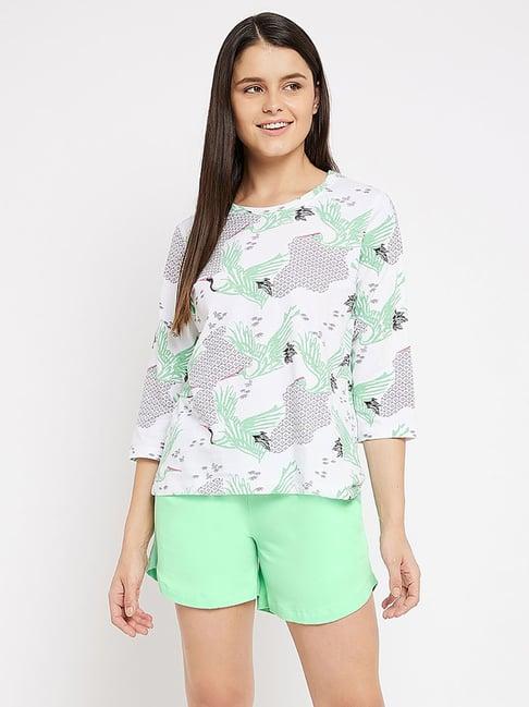 clovia green & white printed top with shorts