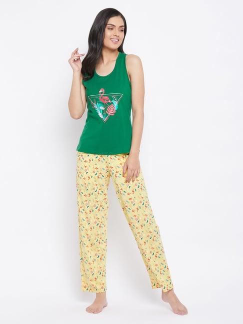 clovia green & yellow cotton printed top pyjama set
