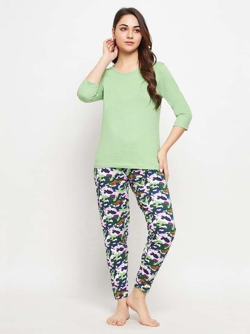 clovia green cotton printed top pyjamas set