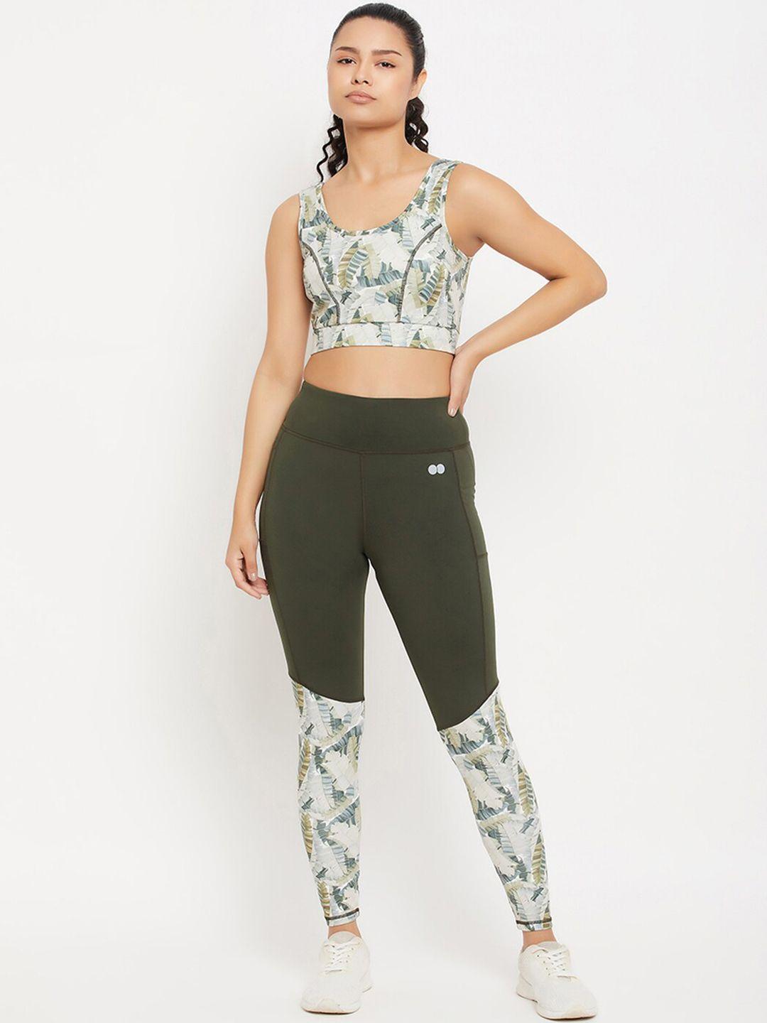 clovia green floral printed padded sports bra & high rise active tights tracksuit