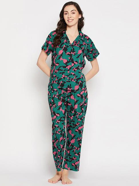 clovia green geometric print shirt pyjama set
