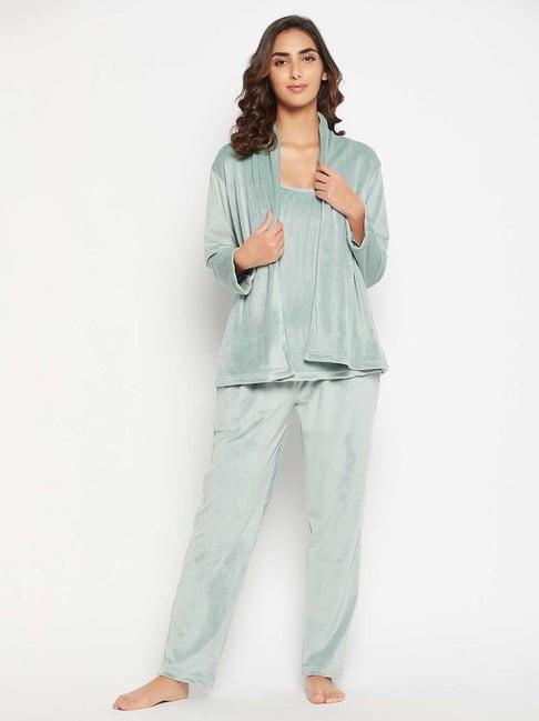 clovia green plain top pyjamas set with shrug