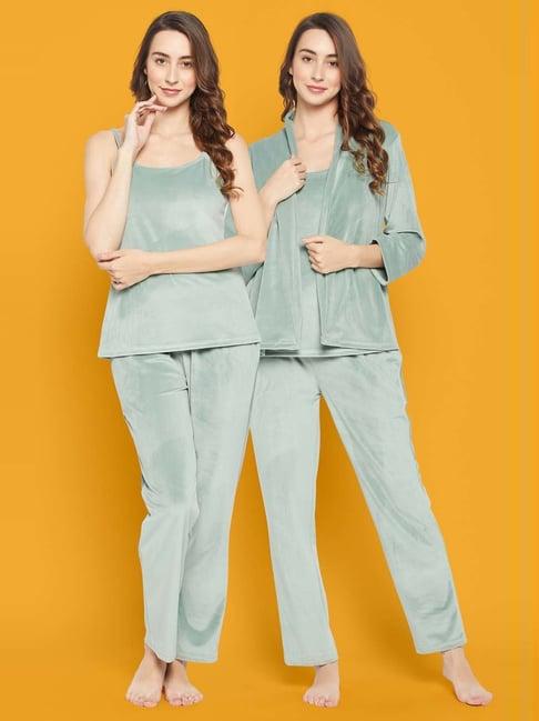 clovia green plain top pyjamas set with shrug